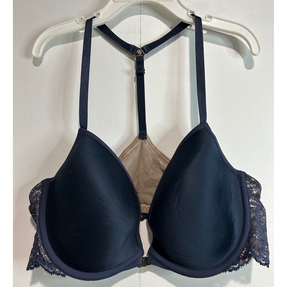 ThirdLove Bra Women 36B 1/2 Front Closure T Back Navy Blue Lace Racerback